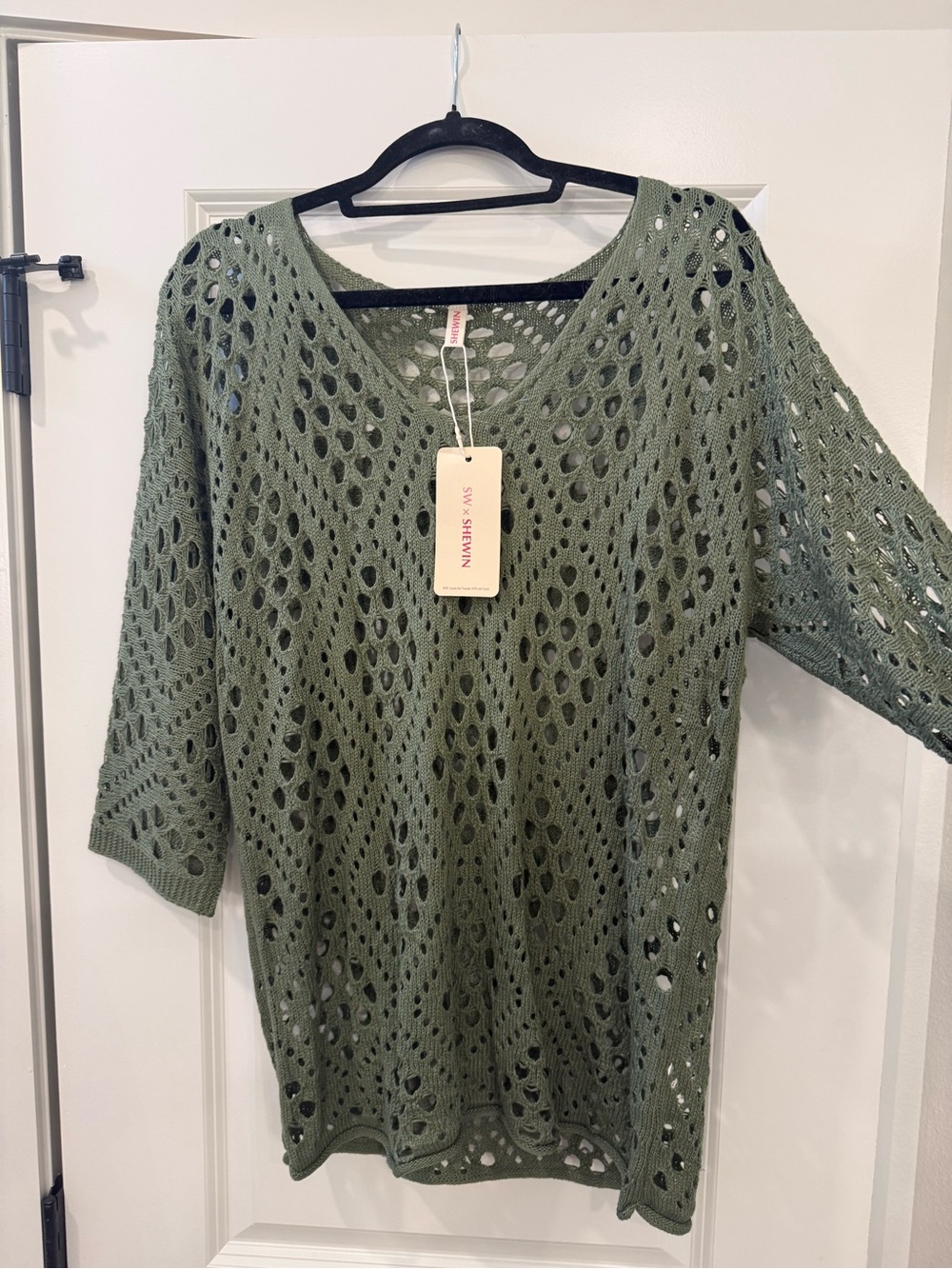 SHEIN Olive Open-Stitch V-Neck Knit Top